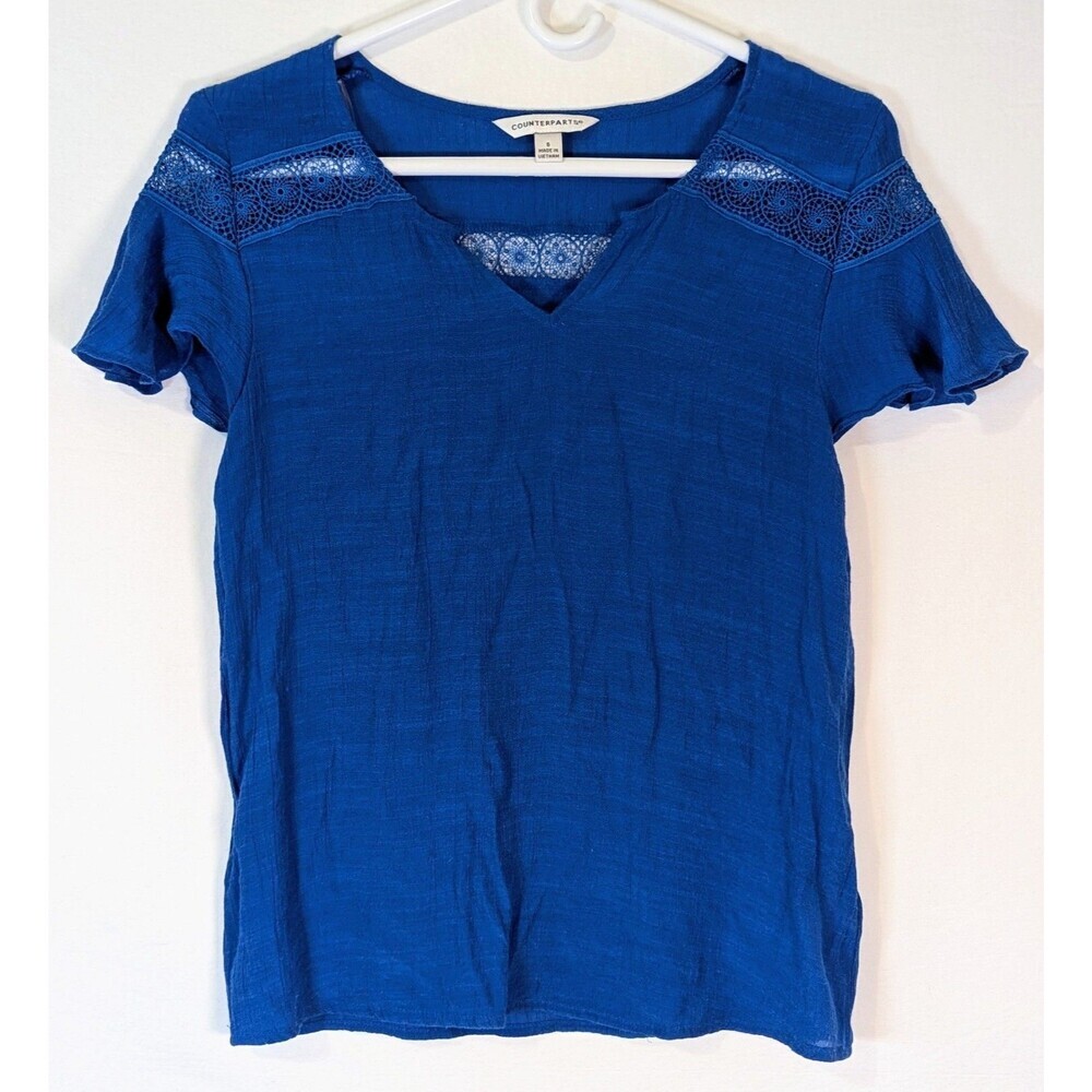 Counterparts Royal Blue Crochet Lace Inset V-Neck Slub Knit Top Size Small
